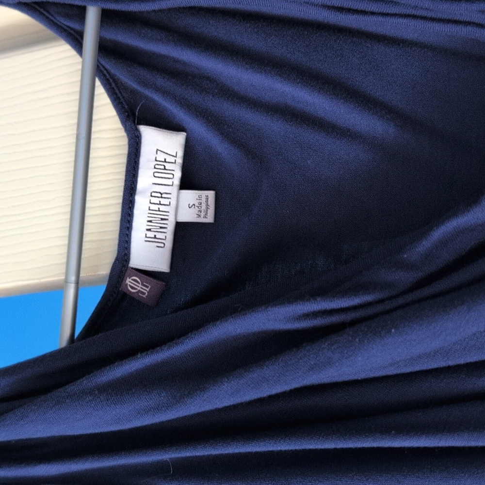 Jennifer Lopez Dark Blue Draped Cold Shoulder Blouse - Picture 2 of 3